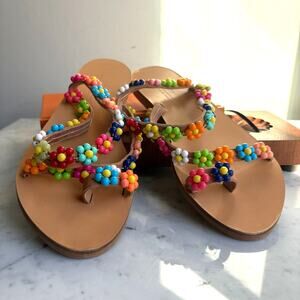 Elina Linardaki Beaded Floral Leather Sandals EU 38 Handmade in Greece Boho